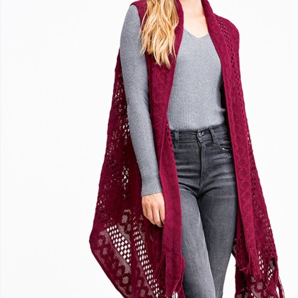 Burgundy Red Crochet Knit Boho Open Front Cardigan - Picture 2 of 7